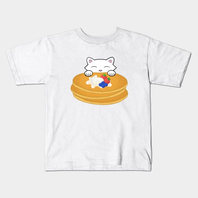 Cat eating pancakes with cream Kids T-Shirt by Purrfect